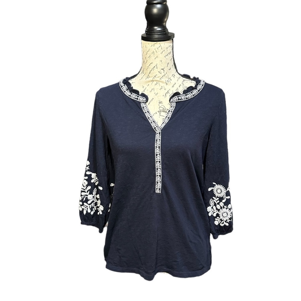 Talbots Navy Blue & White Embroidered Tunic Blouse Size SP